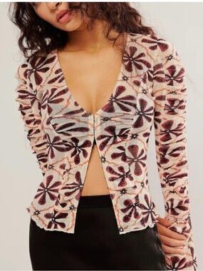 Free People Through the Meadow Fitted Cropped Blouse Top Modern Floral Print